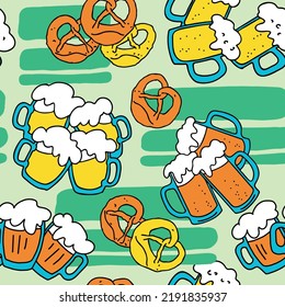 Octoberfest beer mug pattern for wallpaper, wrapping paper, textile fabric print, beer shop design. Summer holiday, food and drink. Decorative colourful vector background.  Hand drawn illustration.