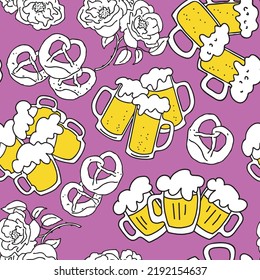 Octoberfest beer mug pattern for wallpaper, wrapping paper, textile fabric print, beer shop design. Summer holiday, food and drink. Decorative colourful vector background.  Hand drawn illustration.