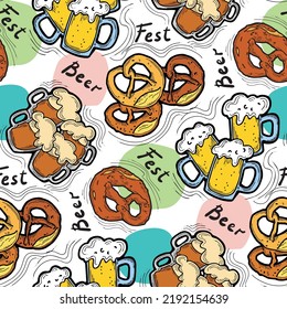 Octoberfest beer mug pattern for wallpaper, wrapping paper, textile fabric print, beer shop design. Summer holiday, food and drink. Decorative colourful vector background.  Hand drawn illustration.