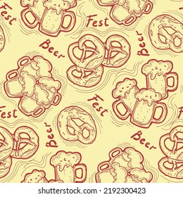 Octoberfest beer mug pattern for wallpaper, wrapping paper, textile fabric print, beer shop design. Summer holiday, food and drink. Decorative colourful vector background.  Hand drawn illustration.