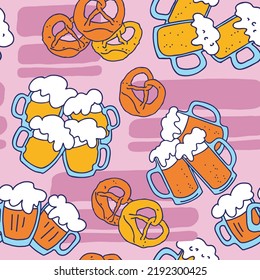 Octoberfest beer mug pattern for wallpaper, wrapping paper, textile fabric print, beer shop design. Summer holiday, food and drink. Decorative colourful vector background.  Hand drawn illustration.