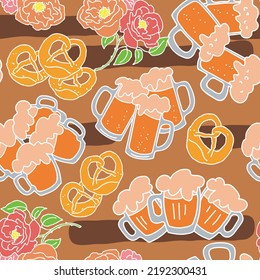 Octoberfest beer mug pattern for wallpaper, wrapping paper, textile fabric print, beer shop design. Summer holiday, food and drink. Decorative colourful vector background.  Hand drawn illustration.