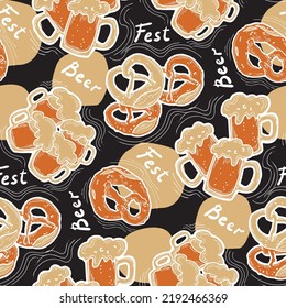 Octoberfest beer mug pattern for wallpaper, wrapping paper, textile fabric print, beer shop design. Summer holiday, food and drink. Decorative colourful vector background.  Hand drawn illustration.