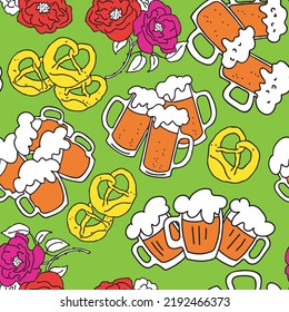 Octoberfest beer mug pattern for wallpaper, wrapping paper, textile fabric print, beer shop design. Summer holiday, food and drink. Decorative colourful vector background.  Hand drawn illustration.