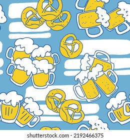 Octoberfest beer mug pattern for wallpaper, wrapping paper, textile fabric print, beer shop design. Summer holiday, food and drink. Decorative colourful vector background.  Hand drawn illustration.