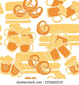 Octoberfest beer mug pattern for wallpaper, wrapping paper, textile fabric print, beer shop design. Summer holiday, food and drink. Decorative colourful vector background.  Hand drawn illustration.