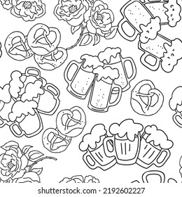 Octoberfest beer mug pattern for wallpaper, wrapping paper, textile fabric print, beer shop design. Summer holiday, food and drink. Decorative colourful vector background.  Hand drawn illustration.