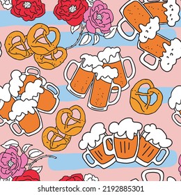 Octoberfest beer mug pattern for wallpaper, wrapping paper, textile fabric print, beer shop design. Summer holiday, food and drink. Decorative colourful vector background.  Hand drawn illustration.