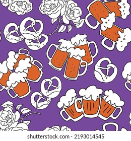 Octoberfest beer mug pattern for wallpaper, wrapping paper, textile fabric print, beer shop design. Summer holiday, food and drink. Decorative colourful vector background.  Hand drawn illustration.