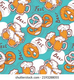 Octoberfest beer mug pattern for wallpaper, wrapping paper, textile fabric print, beer shop design. Summer holiday, food and drink. Decorative colourful vector background.  Hand drawn illustration.