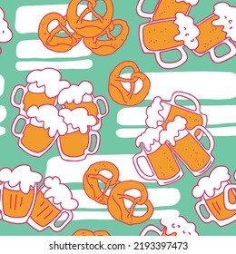 Octoberfest beer mug pattern for wallpaper, wrapping paper, textile fabric print, beer shop design. Summer holiday, food and drink. Decorative colourful vector background.  Hand drawn illustration.