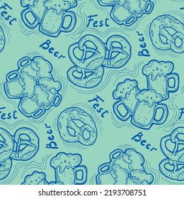 Octoberfest beer mug pattern for wallpaper, wrapping paper, textile fabric print, beer shop design. Summer holiday, food and drink. Decorative colourful vector background.  Hand drawn illustration.