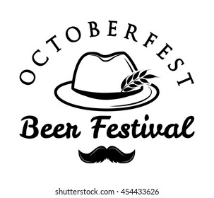 Octoberfest  Beer Retro Vintage Badge, Logo, Emblem, Label. Vector Illustration. Beer Festival. German Hunting Hat With Feather And Moustache.