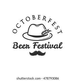 Octoberfest beer retro vintage badge, logo, emblem, label. Vector illustration. Beer festival. German hunting hat with feather and moustache.