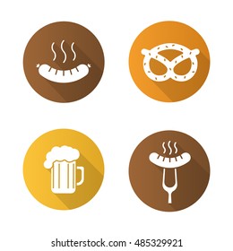 Octoberfest beer and snacks flat design long shadow icons set. Steaming sausage on fork, bratwurst, brezel, foamy beer glass. Vector silhouette symbols