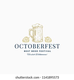 Octoberfest Best Beer Festival Abstract Vector Sign, Symbol or Logo Template. Hand Drawn Beer Mug Sketch with Hops and Classic Typography. Vintage Beer Emblem or Label. Isolated.