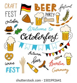 Octoberfest. calligraphy hand lettering with traditional symbols. Munich beer festival. Hand drawn vector set illustration.