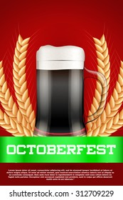 Octoberfest celebration beer poster. Glass with beer and grain malt. Poster and background. Vector Illustration.