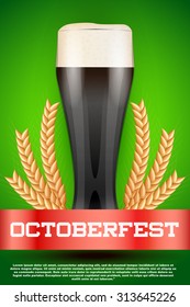 Octoberfest celebration beer poster. Glass with dark beer and grain malt. Poster and background. Vector Illustration.