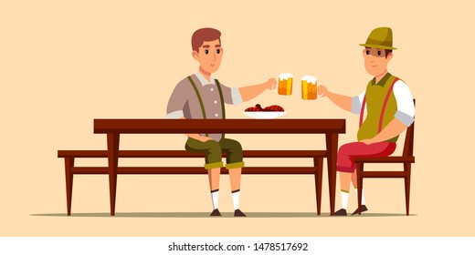 Octoberfest celebration flat vector illustration. People wearing traditional fest clothes, drinking beer, cheering cartoon characters. German beer festival. Guys having fun on festive event