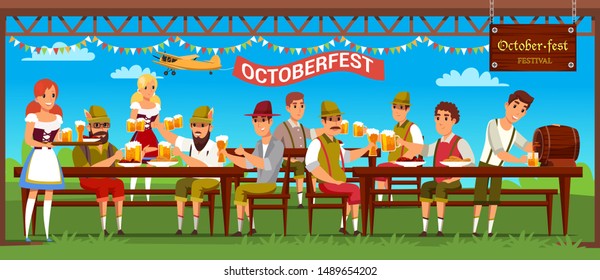 Octoberfest celebration flat vector illustration. People drinking beer in bar outdoors, restaurant waitresses cartoon characters. German beer festival. Man and woman wearing traditional fest clothes