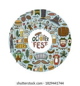 Octoberfest circle background for your design. Beer party icons collection. Vector illustration