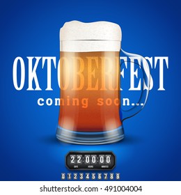 Octoberfest Coming soon poster. Beer mug and counter. Vector Illustration