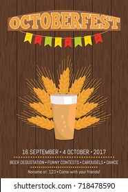 Octoberfest creative poster with pint of dark beer in transparent glass vector on background, ears of wheat near light alcohol drink with bubbles