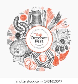 Octoberfest design template. Vector hand drawn illustrations. Greeting Beer festival card in retro style. Autumn background.