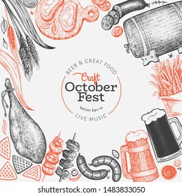 Octoberfest design template. Vector hand drawn illustrations. Greeting Beer festival card in vintage style. Autumn background.