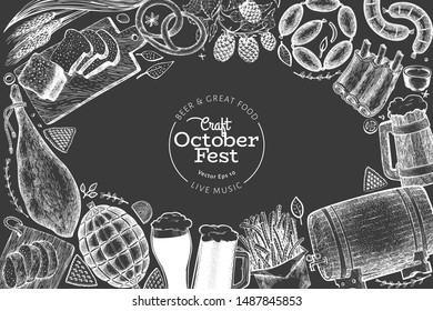 Octoberfest design template. Vector hand drawn illustrations on chalk board. Greeting Beer festival card in retro style. Autumn background.