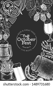 Octoberfest design template. Vector hand drawn illustrations on chalk board. Greeting Beer festival card in retro style. Autumn background.