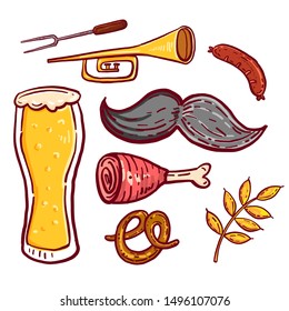 Octoberfest Doodle Icon set on Isolated White Background. Vector Illustration eps.10