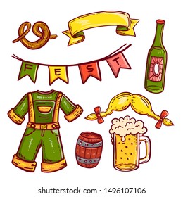 Octoberfest Doodle Icon set on Isolated White Background. Vector Illustration eps.10