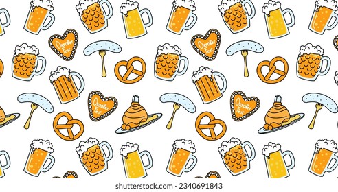 El Octoberfest presenta un patrón sin fisuras. Cerveza, pretzel, cerveza, salchichas y otros platos alemanes. Decoración bávara tradicional.