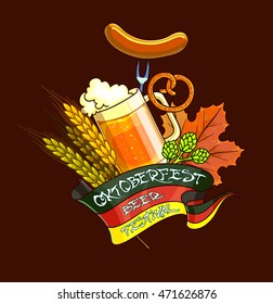 Octoberfest festival cartoon design with glass of beer, ears. Vector Illustration.