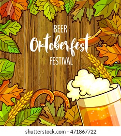 Octoberfest festival cartoon design with glass of beer, ears lettering card on wooden background. Oktoberfest Vector Illustration.