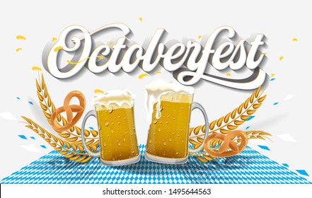 Octoberfest festival symbols. Full glass of beer with foam, pretzel loaf and wheat ears for october fest holiday, on yellow background. Gradient mesh used. octoberfest Beer pub vector illustration.