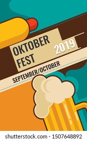 Octoberfest festival symbols. Full glass of beer with foam, hot dog and wheat ears for october fest holiday, on yellow background. Octoberfest Beer pub vector illustration.