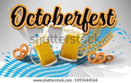 Octoberfest festival symbols. Full glass of beer with foam, pretzel loaf and wheat ears for october fest holiday, on yellow background. Gradient mesh used. octoberfest Beer pub vector illustration.