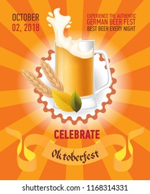 Octoberfest festive orange poster design. Pint of beer in round frame with rays, ribbon, fall leaves and wheat ears. Template can be used for bar signs, brochures, banners