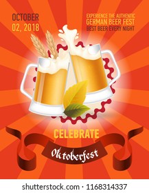 Octoberfest festive red poster design. Pint of beer in round frame with rays, ribbon, fall leaves and wheat ears. Template can be used for bar signs, brochures, banners