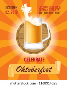 Octoberfest, German beer poster design. Pint of beer with barrel and ribbon. Template can be used for bar signs, banners, party announcements