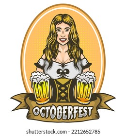 Octoberfest Girl Waitress Carry Beer Glasses Cartoon