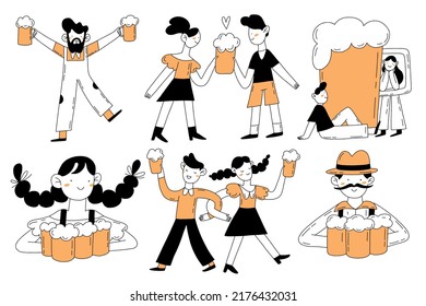 Octoberfest hand drawn outline illustration set. People with beer dancing and smiling. Doodle vector collection.