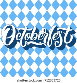 Octoberfest Hand Lettering With 3d Shadow, Custom Typography On Blue Argyle Pattern Background. Vector Illustration.