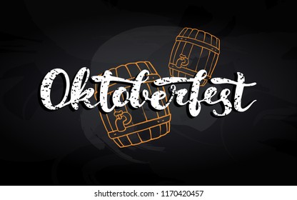 Octoberfest hand-written lettering card for Germany trafitional october beer festival celebration. White text "OCTOBERFEST" on doodle beer barrels drawn on black chalkboard.