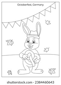 Octoberfest holiday Celebration in Germany with cute rabbit coloring page for kids