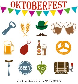 Octoberfest icon set. German food and beer symbols isolated on white background. Oktoberfest beer festival design elements. Colorful vector illustration. 