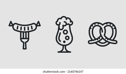 Octoberfest icon set. Grilled sausage on the fork, a glass of beer, and pretzel icons isolated on white background.  Icons for web design, app interface. Vector illustration